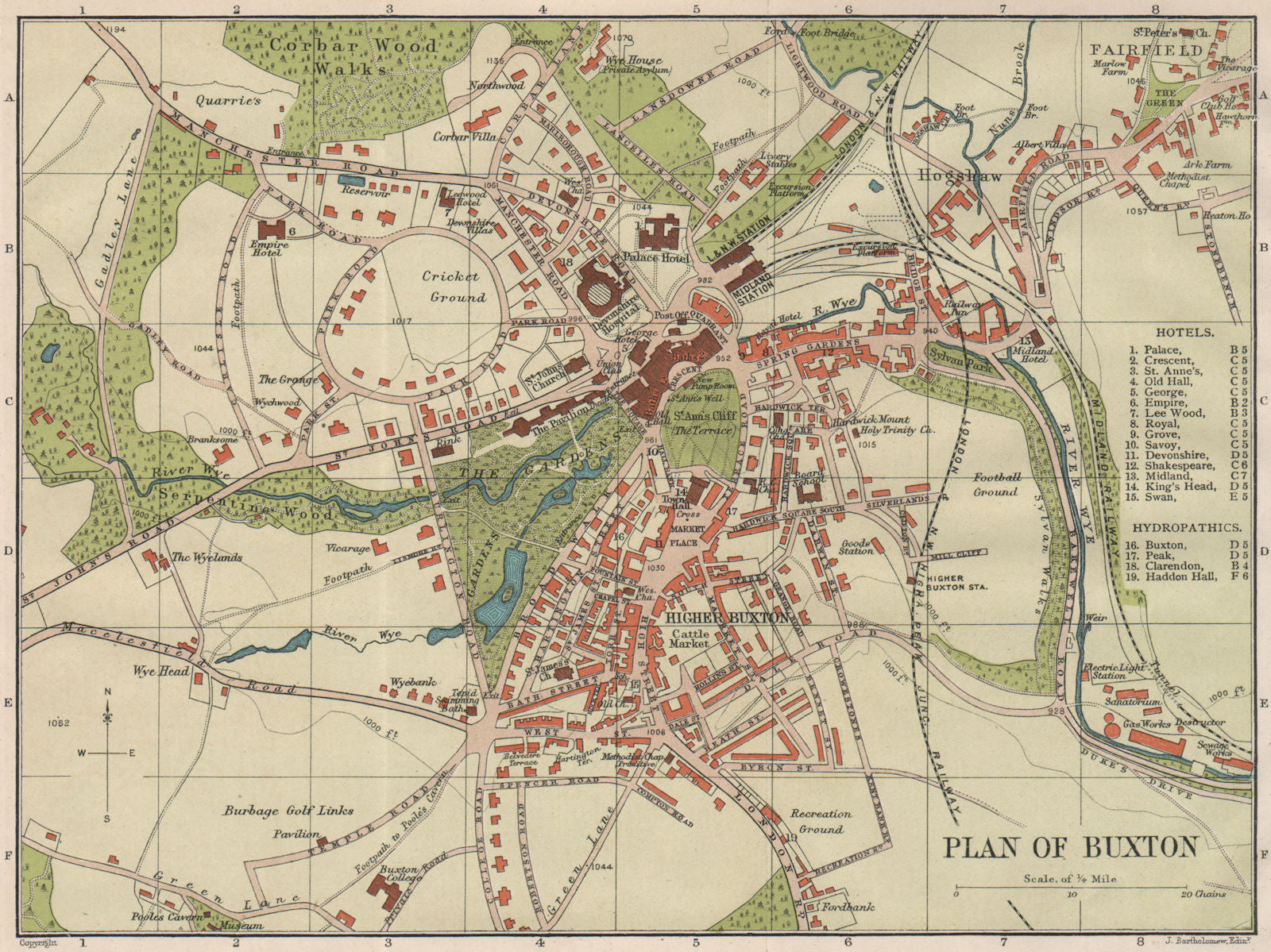 BUXTON town/city plan. Derbyshire. BARTHOLOMEW 1903 old antique map chart